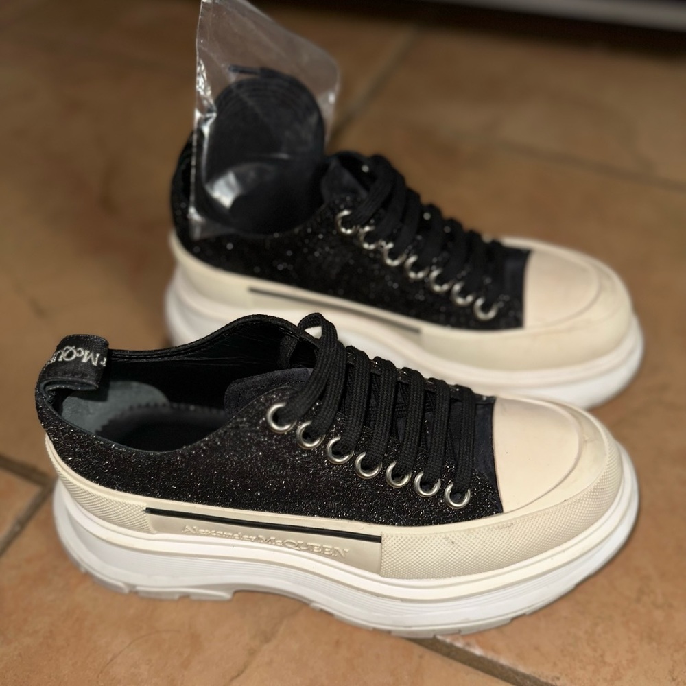 Alexander McQueen Black Glitter and Cream Sneakers